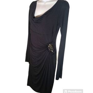 Bailey 44 black ruched wrap jersey knit long sleeve dress with jeweled accent M